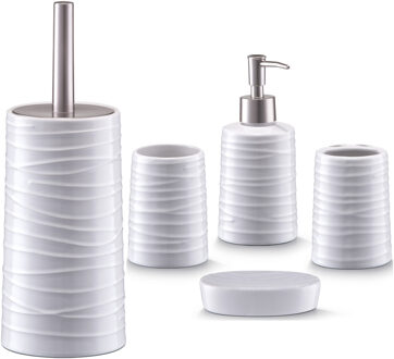 Badkamer accessoires set 5-delig - keramiek - wit - wave relief - Badkameraccessoireset