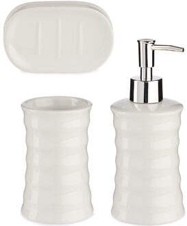 Badkamer accessoires set met strepen 3-delig creme wit van keramiek - Badkameraccessoireset Crème