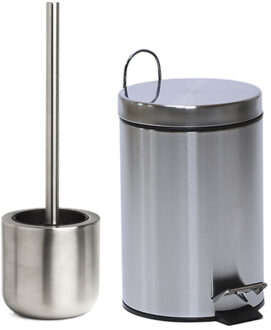 Badkamer accessoires set - WC borstel en pedaalemmer - zilver - RVS - matte afwerking