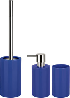 Badkamer accessoires set - WC-borstel/zeeppompje/beker - porselein - donkerblauw - Badkameraccessoireset