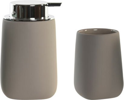 Badkamer accessoires setje drinkbeker en zeeppompje 14 cm taupe