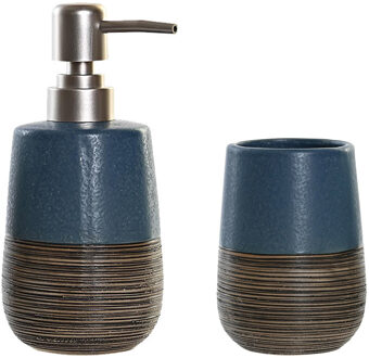 Badkamer accessoires setje drinkbeker en zeeppompje 16 cm blauw