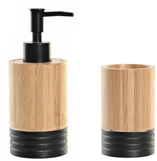 Badkamer accessoires setje drinkbeker en zeeppompje 17 cm bamboe/zwart