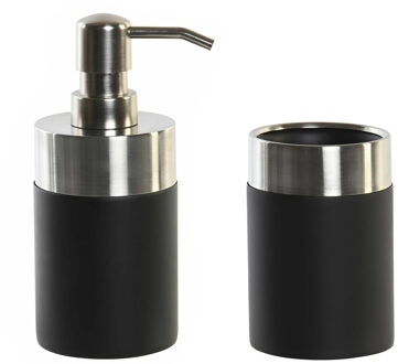 Badkamer accessoires setje drinkbeker en zeeppompje 17 cm zwart/zilver