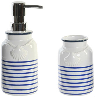 Badkamer accessoires setje drinkbeker en zeeppompje 18 cm wit/blauw