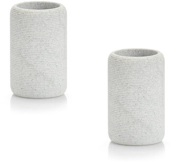 Badkamer beker/tandenborstel houder - 2x - lichtgrijs - kunststeen -11 cm