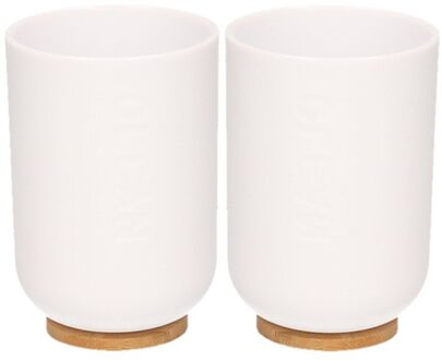 Badkamer beker/tandenborstel houder - 2x - wit - kunststof/bamboe -11 cm