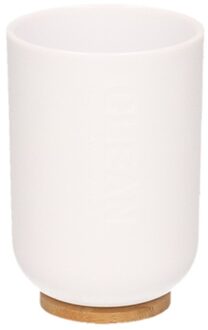Badkamer beker/tandenborstel houder - wit - kunststof/bamboe -11 cm