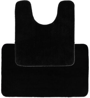 Badkamer Matten set Aquarius - toilet en bad mat - zwart - hoogpolig - microfiber