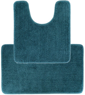 Badkamer Matten set Aquarius - zeeblauw - toilet en bad mat - hoogpolig - microfiber