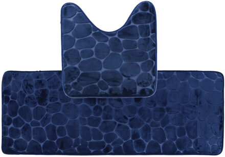 Badkamer Matten set Pebble - donkerblauw - extra lang - memory foam - microfiber