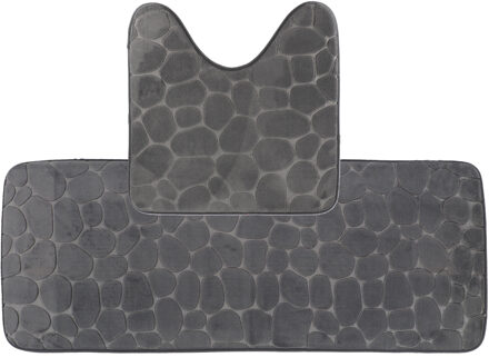 Badkamer Matten set Pebble - donkergrijs - extra lang - memory foam - microfiber