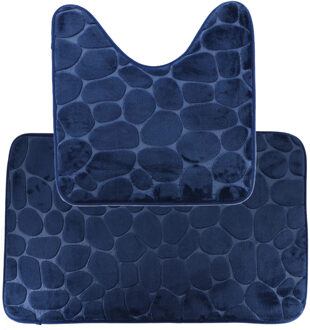 Badkamer Matten set Pebble - toilet en bad mat - donkerblauw - memory foam - microfiber