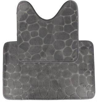 Badkamer Matten set Pebble - toilet en bad mat - donkergrijs - memory foam - microfiber