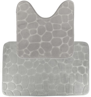 Badkamer Matten set Pebble - toilet en bad mat - lichtgrijs - memory foam - microfiber