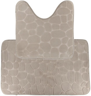 Badkamer Matten set Pebble - toilet en bad mat - taupe - memory foam - microfiber