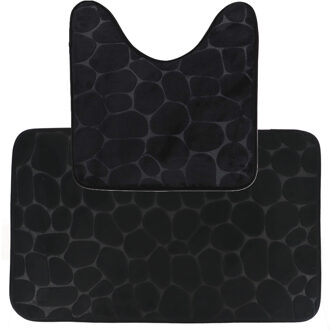 Badkamer Matten set Pebble - toilet en bad mat - zwart - memory foam - microfiber