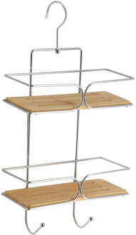 Badkamer organizer - zilver - metaal/hout - 2 lagen - 50 x 25 x 11 cm - douche rek
