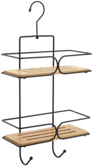 Badkamer organizer - zwart - metaal/hout - 2 lagen - 50 x 25 x 11 cm - douche rek