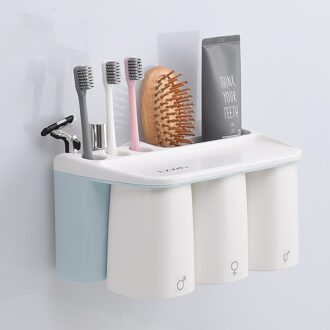 Badkamer Plank Rack Magnetische Zuignap Set Huishoudelijke Borstelen Plank Rekken Familie/Paar Tandenborstel Beker Three blauw