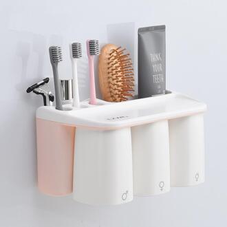 Badkamer Plank Rack Magnetische Zuignap Set Huishoudelijke Borstelen Plank Rekken Familie/Paar Tandenborstel Beker Three roze