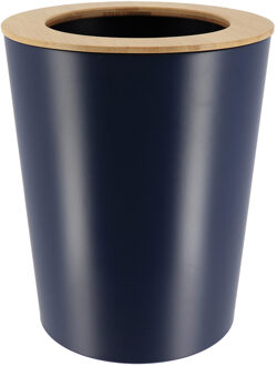 Badkamer prullenbak/afvalbak 103 series - blauw - 5 liter - 20 x 25 cm - metaal/bamboe hout