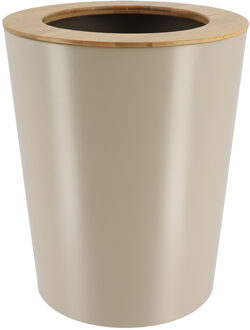 Badkamer prullenbak/afvalbak 103 series - taupe - 5 liter - 20 x 25 cm - metaal/bamboe hout