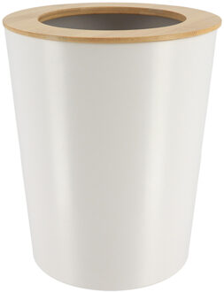 Badkamer prullenbak/afvalbak 103 series - wit - 5 liter - 20 x 25 cm - metaal/bamboe hout