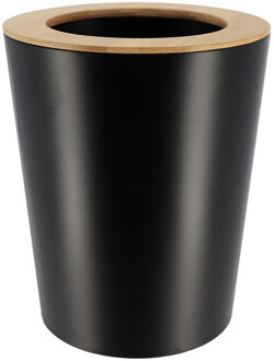 Badkamer prullenbak/afvalbak 103 series - zwart - 5 liter - 20 x 25 cm - metaal/bamboe hout