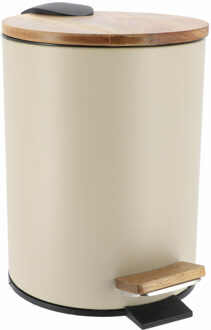 Badkamer prullenbak/afvalbak Bamboo vibe - soft close - cr?me - 3 liter - metaal