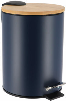Badkamer prullenbak/afvalbak Bamboo vibe - soft close - donkerblauw - 3 liter - metaal