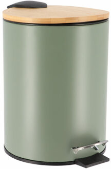 Badkamer prullenbak/afvalbak Bamboo vibe - soft close - olijfgroen - 3 liter - metaal