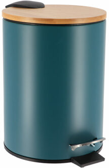 Badkamer prullenbak/afvalbak Bamboo vibe - soft close - petrol - 3 liter - metaal
