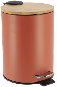Badkamer prullenbak/afvalbak Bamboo vibe - soft close - terracotta - 3 liter - metaal