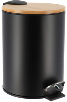 Badkamer prullenbak/afvalbak Bamboo vibe - soft close - zwart - 3 liter - metaal