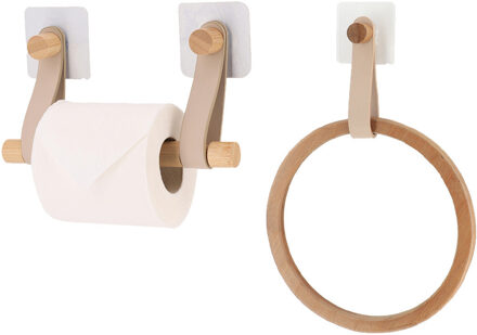 Badkamer set toiletrolhouder en handdoekhaak - zelfklevend - beige - bamboe/kunstleer - zonder boren
