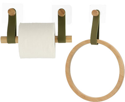 Badkamer set toiletrolhouder en handdoekhaak - zelfklevend - groen - bamboe/kunstleer - zonder boren