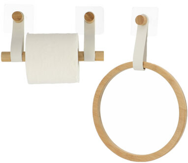 Badkamer set toiletrolhouder en handdoekhaak - zelfklevend - wit - bamboe/kunstleer - zonder boren