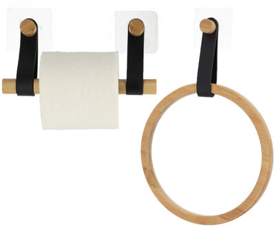 Badkamer set toiletrolhouder en handdoekhaak - zelfklevend - zwart - bamboe/kunstleer - zonder boren