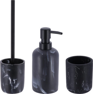Badkamer set - WC-borstel/zeeppomp/tandenborstelbeker - grijs - marmer look - polyresin