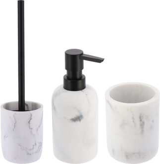 Badkamer set - WC-borstel/zeeppomp/tandenborstelbeker - wit - marmer look - polyresin