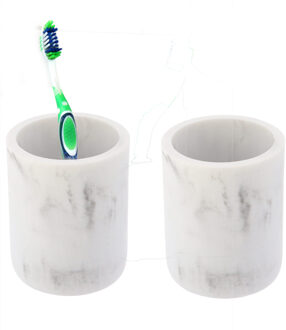 Badkamer tandenborstelhouder - 2x - wit - marmer look - polyresin - 9.5 cm