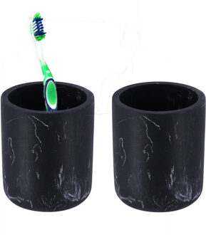 Badkamer tandenborstelhouder - 2x - zwart - marmer look - polyresin - 9.5 cm