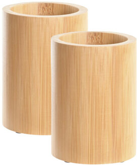 Badkamer tandenborstelhouder / drinkbeker - 2x - bamboe hout - 8 x 11 cm