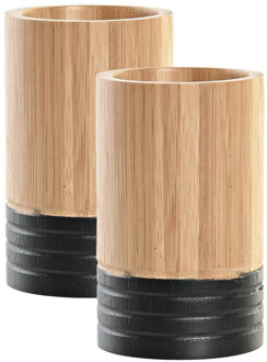 Badkamer tandenborstelhouder / drinkbeker - 2x - hout/zwart - 7 x 11 cm
