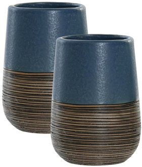 Badkamer tandenborstelhouder / drinkbeker - 2x - polystone - marineblauw - 7 x 11 cm