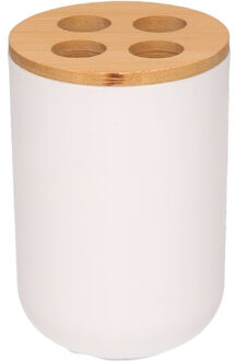 Badkamer tandenborstelhouder - wit - met bamboe - 7 x H11 cm
