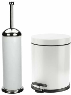 Badkamer/toilet set pedaalemmer 5 liter en toiletborstel RVS wit - Badkameraccessoireset