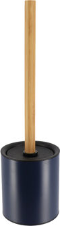 Badkamer toiletborstel met houder 103 series - blauw - 10 x 37 cm - metaal/bamboe hout
