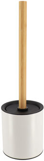 Badkamer toiletborstel met houder 103 series - wit - 10 x 37 cm - metaal/bamboe hout